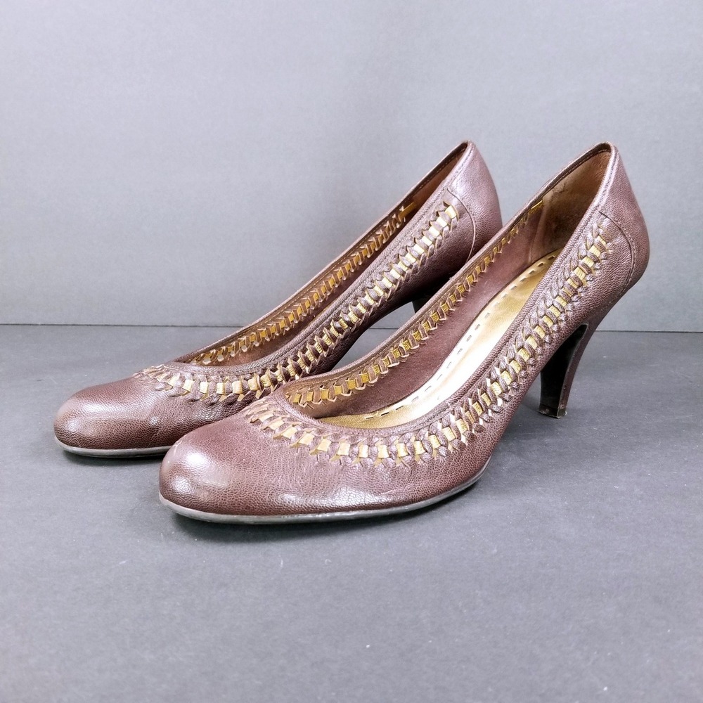 Gianni Bini Essex Brown Leather Woven Gold Trim Heels Size 9M Metallic Workwear